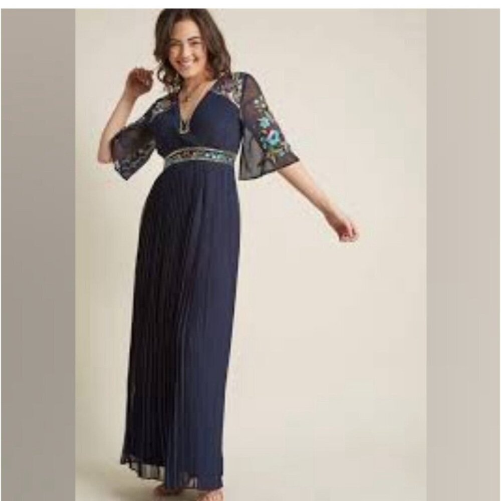 Frock And Frill  Embroidered Maxi Dress Deep Blue Women's Sz 8 Elegant Pleaded